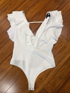 Forever 21 White Ruffle-Shoulder Bodysuit with V-Neck